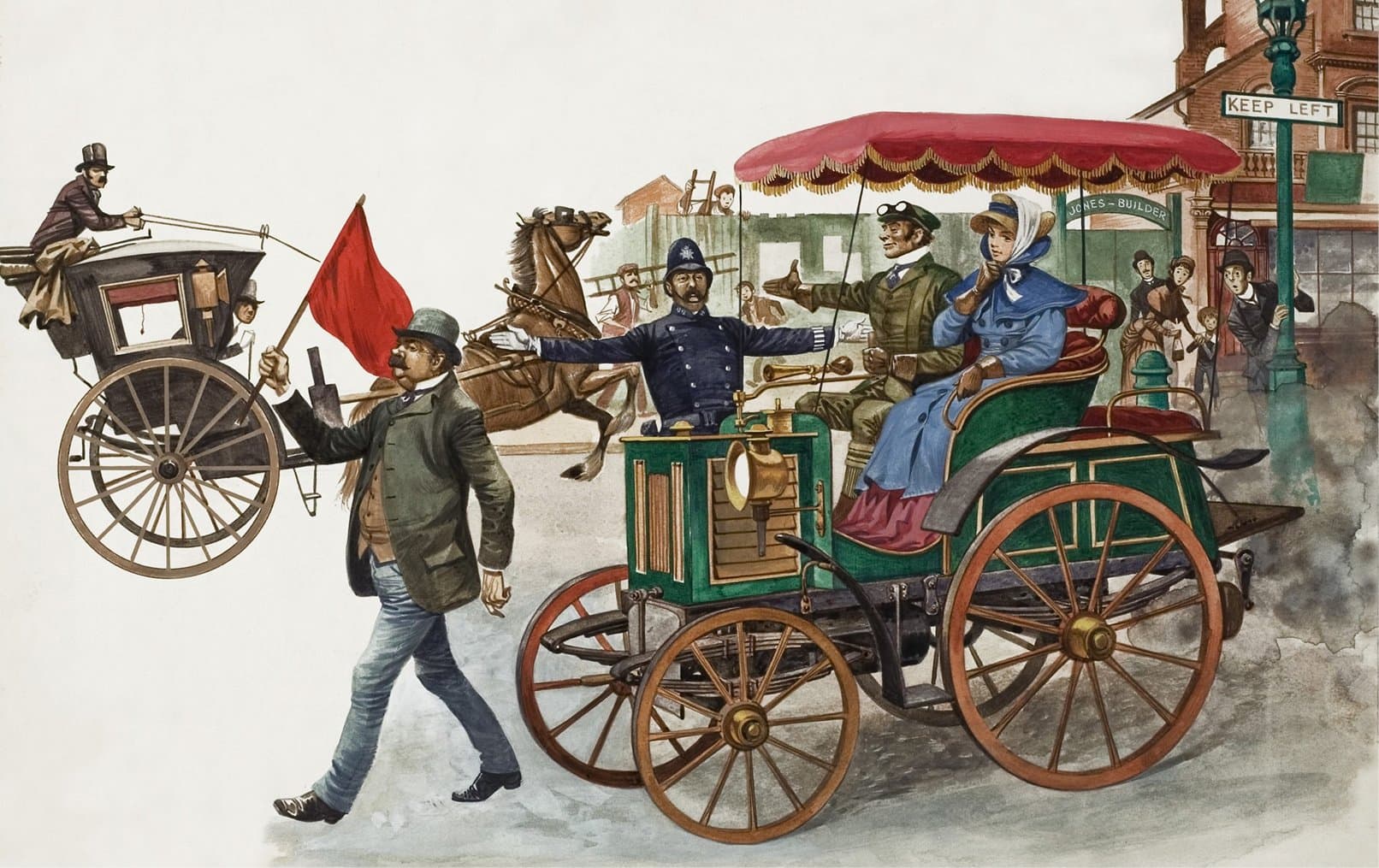 Vuoden 1865 Red Flag Act -laissa määrättiin, että ajoneuvon edellä piti kulkea lipunkantaja tiellä ajettaessa (laki kumottiin vuonna 1896). Tämä on esimerkki haitallisesta ihmisen osallistumisesta prosessiin.