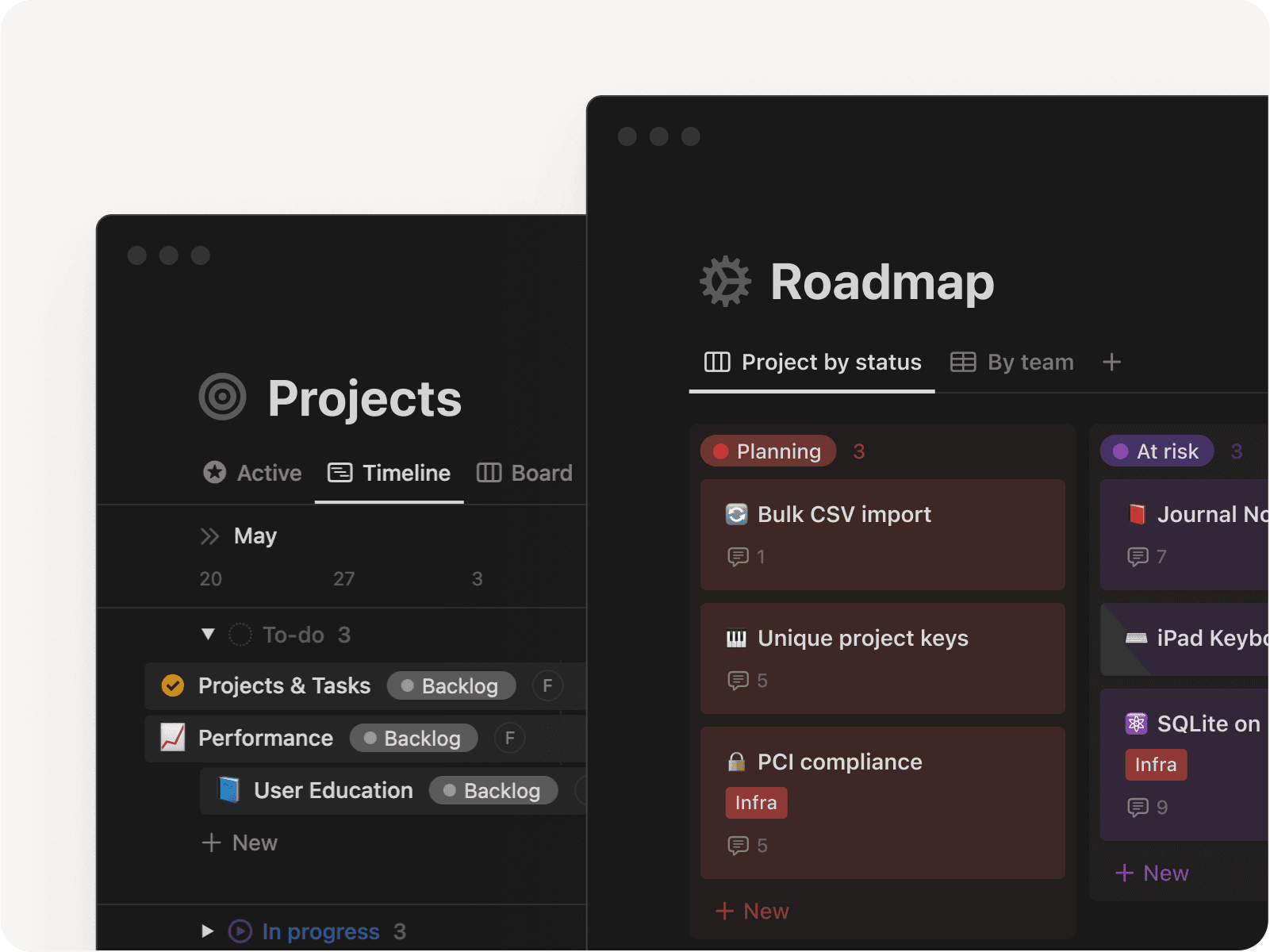 Notion databases showing Projects and Roadmap