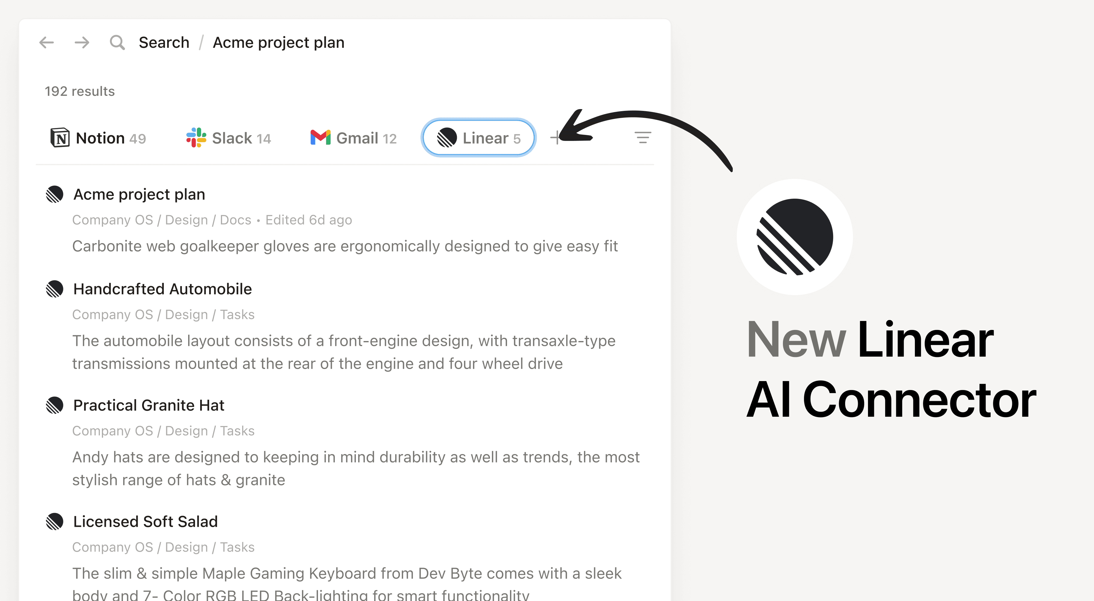Search Linear projects, issues, and comments from Notion