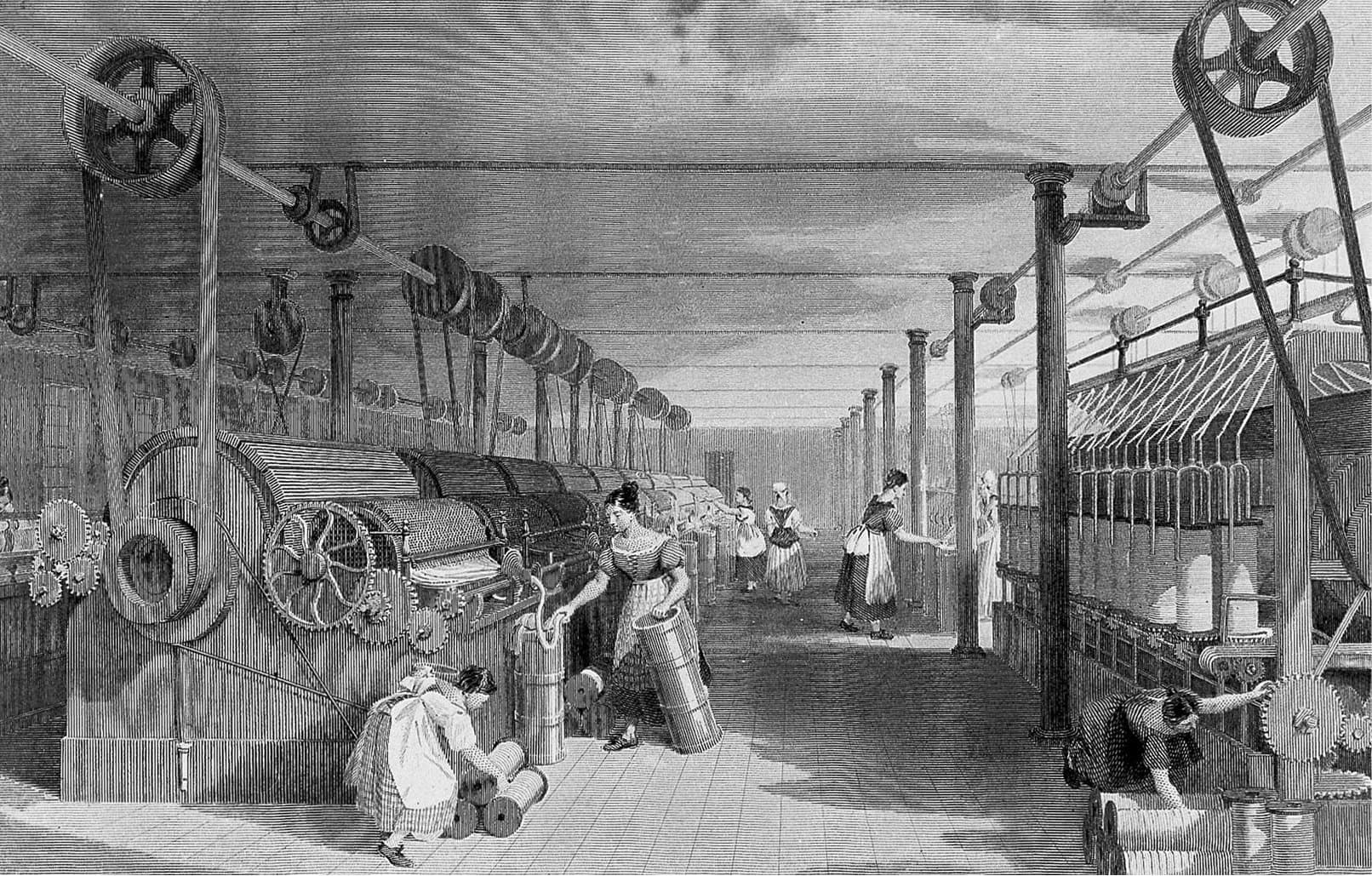 Thomas Allomin vuonna 1835 tekemä kaiverrustyö kuvaa tekstiilitehdasta Lancashiressa, Isossa-Britanniassa. Se toimi höyrykoneiden voimalla.
