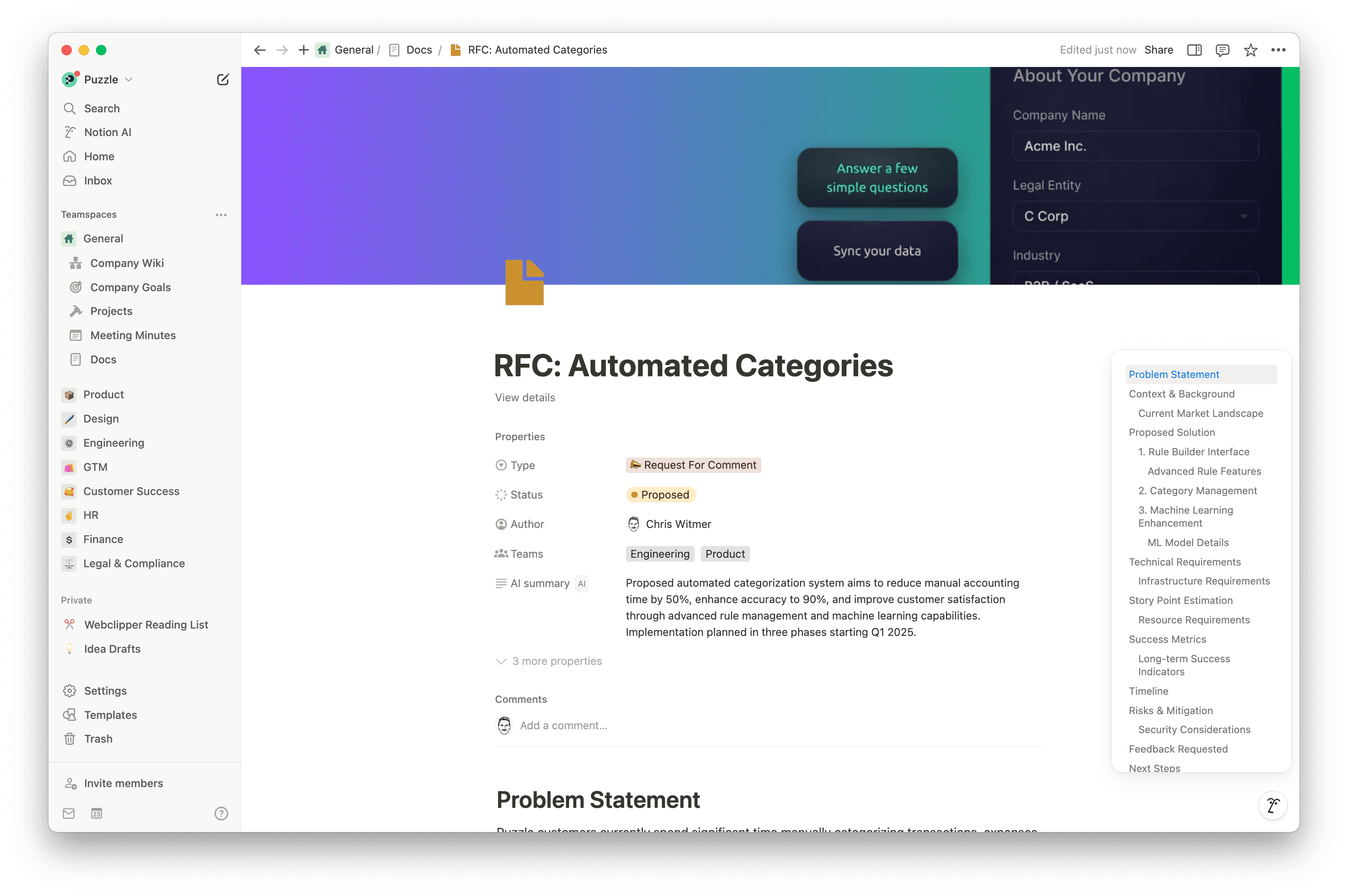 Los documentos Request for Comment (RFC) de Notion proporcionan una estructura clara, colaboración en tiempo real y un enlace perfecto con los documentos y las decisiones para mantener el feedback organizado y acelerar la ejecución.