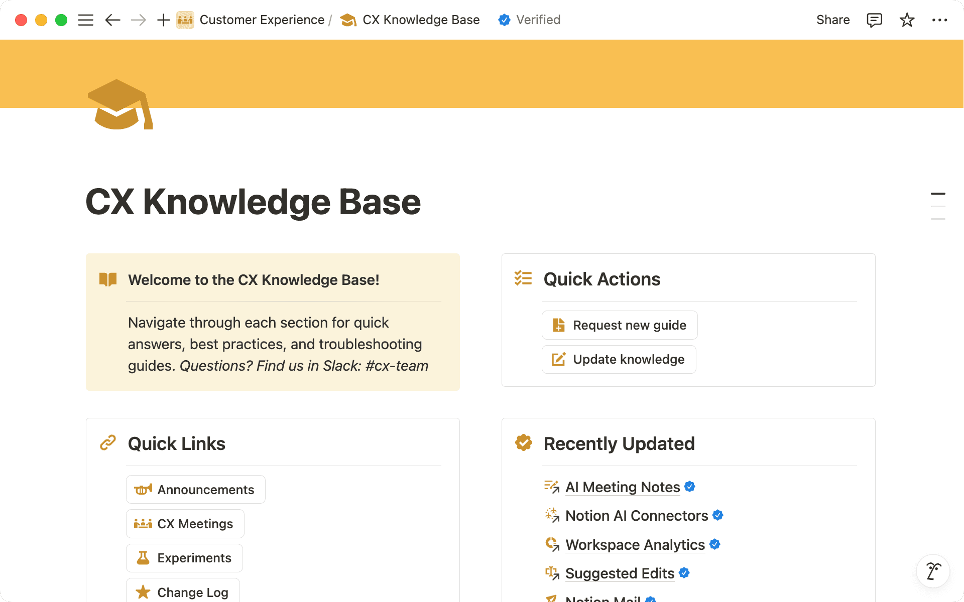 Die CX-Wissensdatenbank in ihrer ganzen Pracht. Mit Quick-Action-Buttons lassen sich im Handumdrehen neue Aufgaben fürs Team anlegen, und über Quick Links gelangst du direkt zu häufig genutzten Seiten.