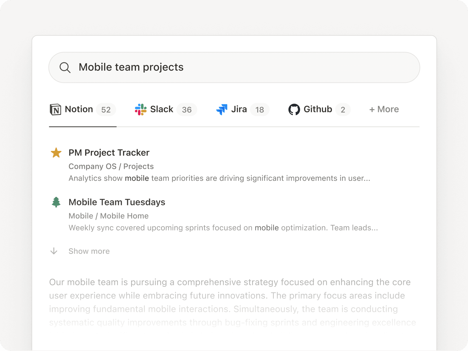 Search results for "Mobile team projects" across Notion, Slack, Jira and Github