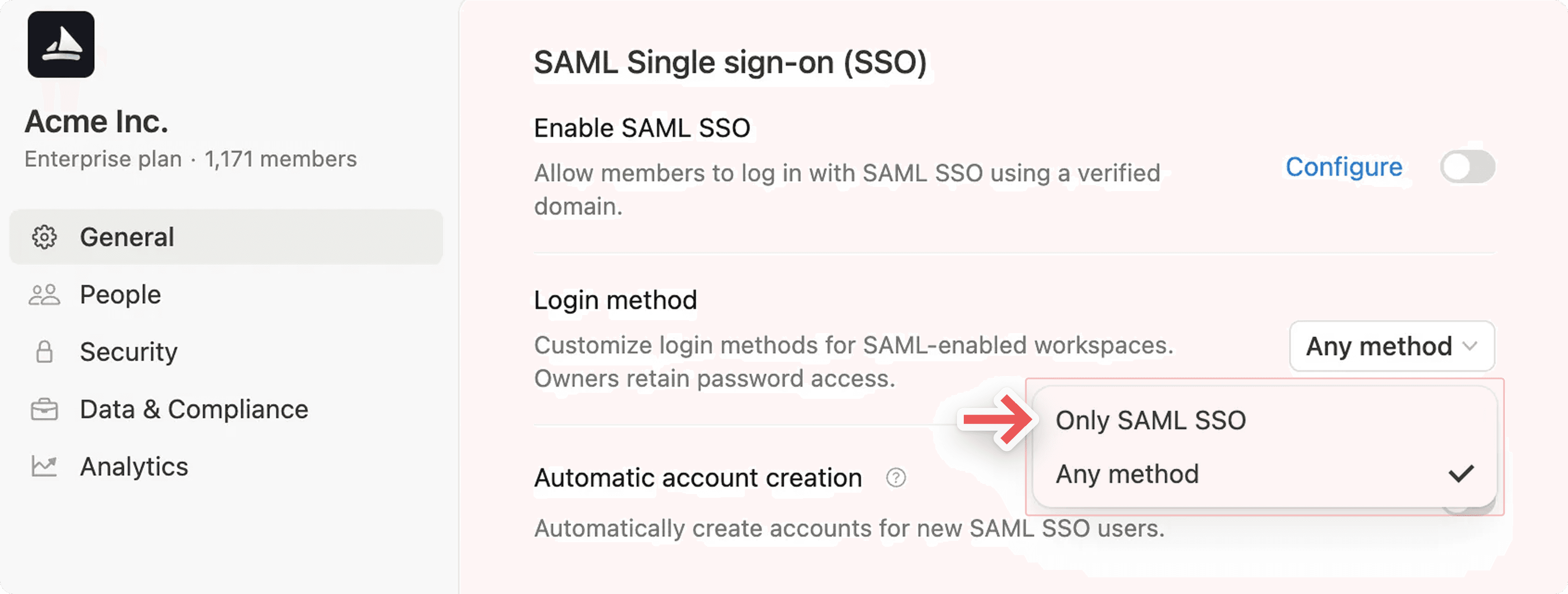 hc: saml sso enforcement organization setting