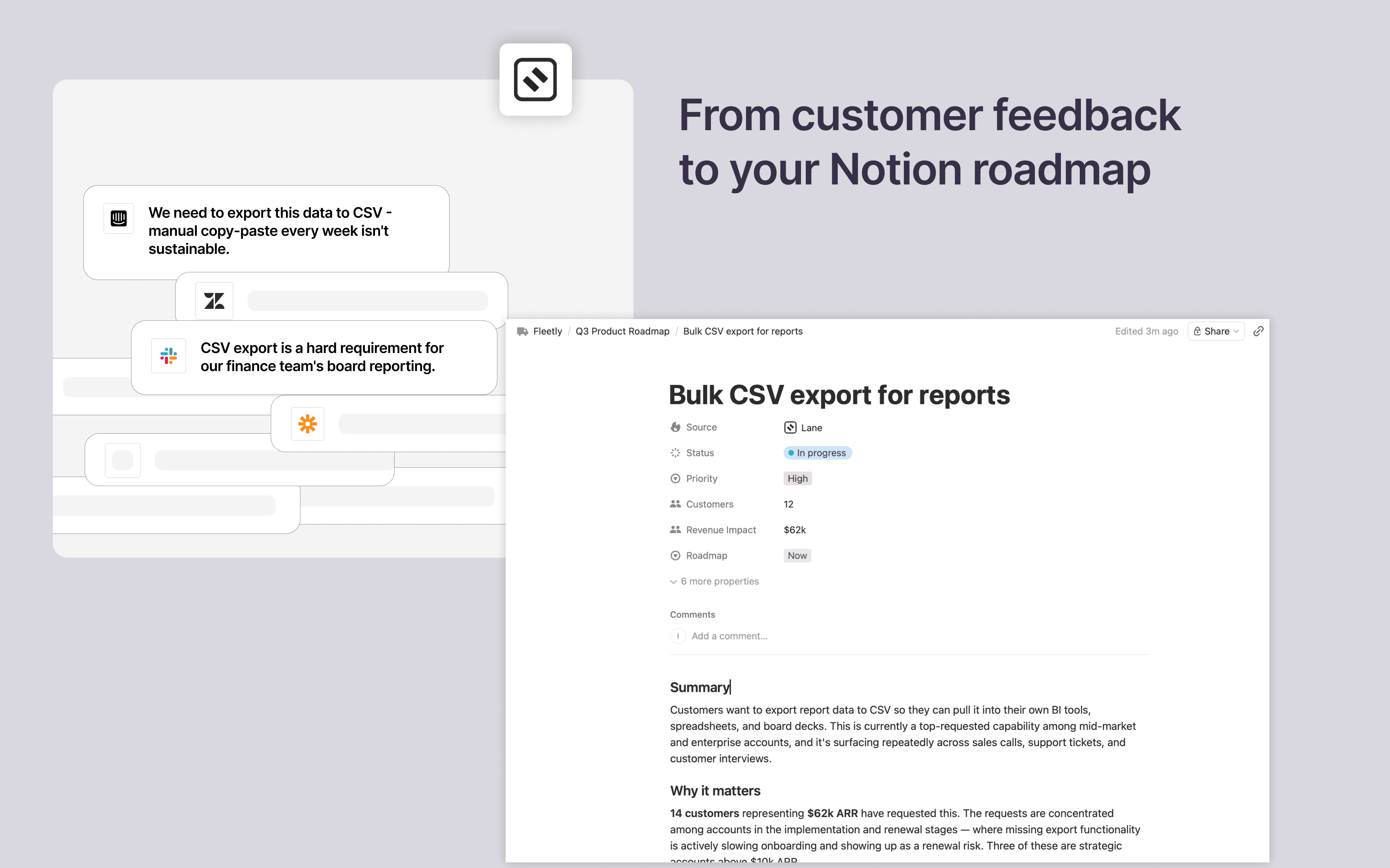 From feedback to your Notion roadmap - Lane syncs the decisions that matter.