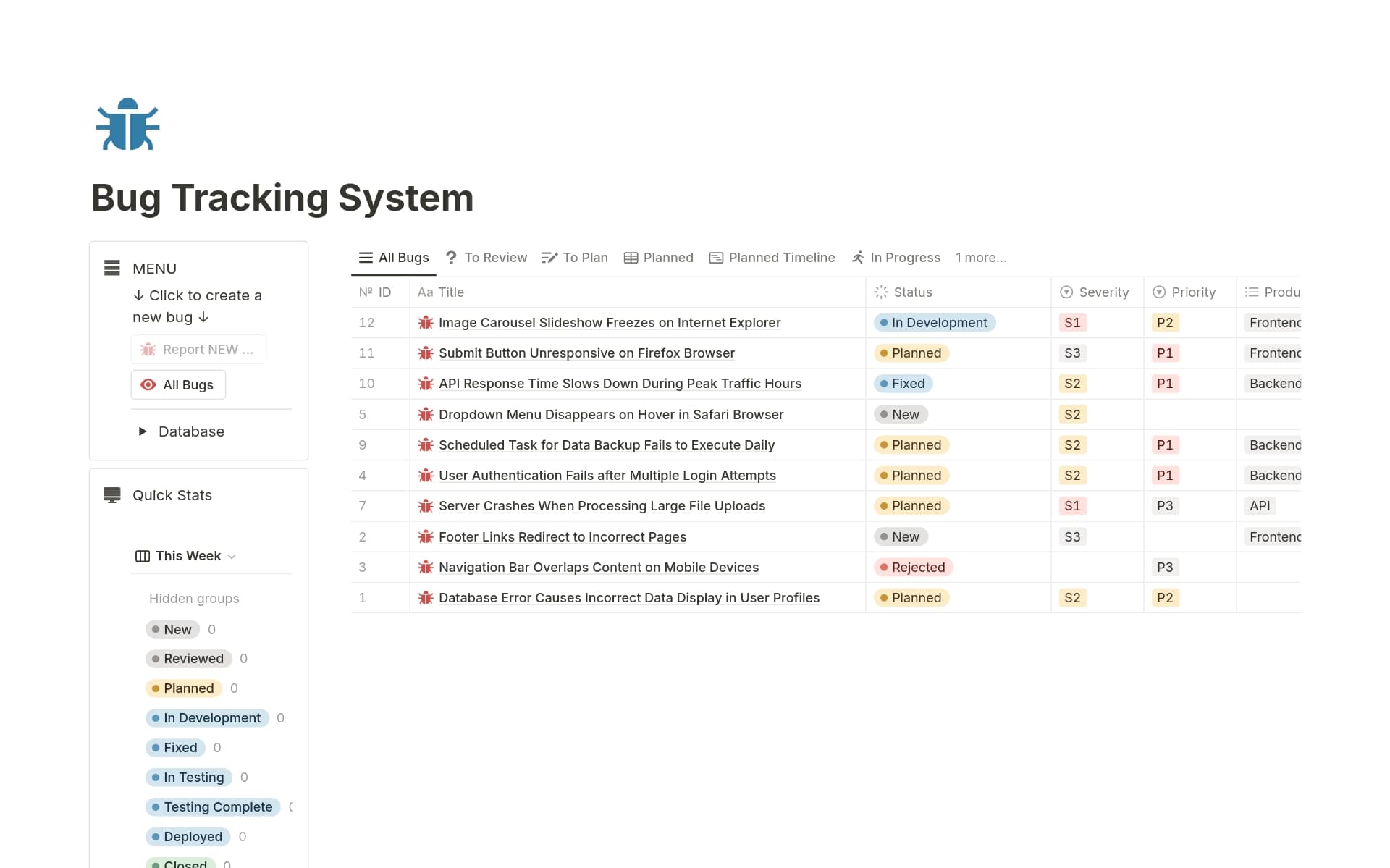 Screenshot of Dev work, in progress collection by Notion